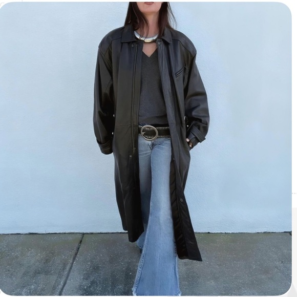 Vintage 70s 80s Charles Klein Black Leather Trench Coat Size Medium - Picture 15 of 16